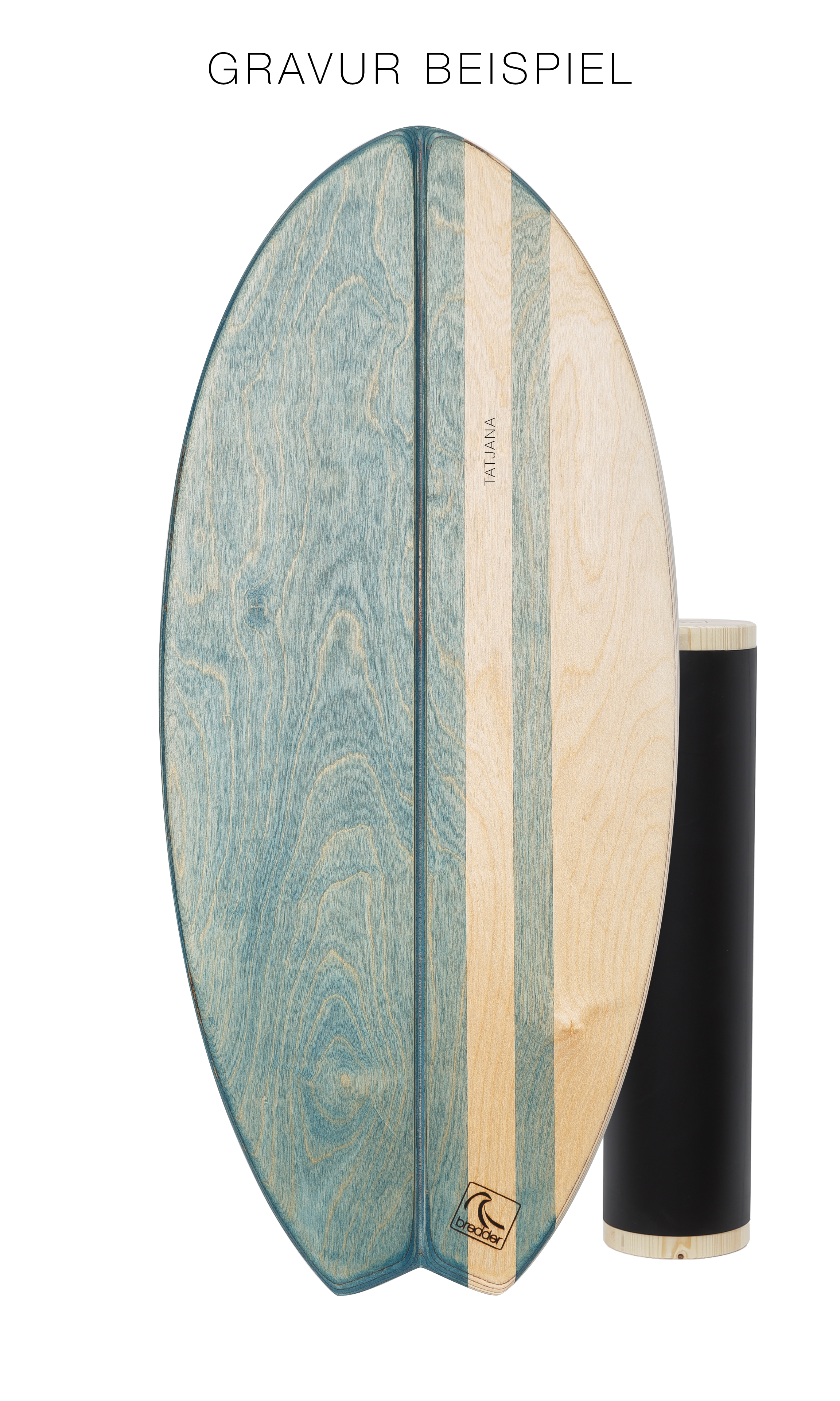 Bredder Balance Board Aquana Fisch Surfboard blau Vollholzrolle, Frontansicht mit Gravurbeispiel